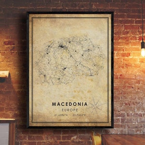 Carte vintage de Macédoine du Nord Imprimer | Carte de la Macédoine du Nord | Macédoine Carte Art | Affiche de la carte routière de la Macédoine du Nord | carte cadeau vintage