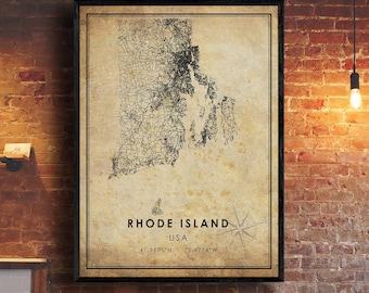 Rhode Island Vintage Map Print | Rhode Island Map | USA Map Art | Rhode Island City Road Map Poster | Vintage Gift