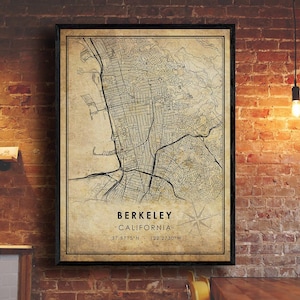 May include: Vintage style map print of Berkeley, California with black lines on a beige background. The map shows the city streets and includes the coordinates 37.8715°N 122.2730°W.