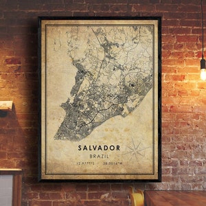Impresión de mapas de Salvador / Mapa de Salvador / Arte del mapa de Brasil / Cartel de la hoja de ruta de la ciudad de Salvador / Mapa de regalo vintage