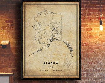 Alaska Vintage Map Print | Alaska Map | USA Map Art | Alaska City Road Map Poster | Vintage Gift Map