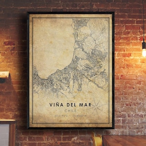 Viña del Mar Vintage Map Print / Mapa de Viña del Mar / Mapa de Chile / Viña del Mar City Road Map Poster Canvas