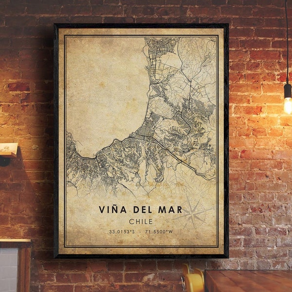 Viña del Mar Vintage Map Print | Viña del Mar Map | Chile map| Viña del Mar City Road Map Poster Canvas