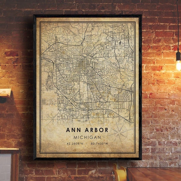 Ann Arbor Vintage Map Print | Ann Arbor Map | Michigan Map Art | Ann Arbor City Road Map Poster | Vintage Gift Map