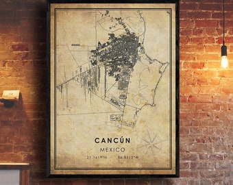 May include: A vintage style map print of Cancun, Mexico. The map is in black and white and shows the city's streets and landmarks. The title "Cancun, Mexico" is printed at the bottom of the map, along with the coordinates "21.1619°N, 86.8515°W".