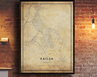 Kailua Vintage Map Print | Kailua Map | Hawaii Map Art | Kailua City Road Map Poster | Vintage Gift Map
