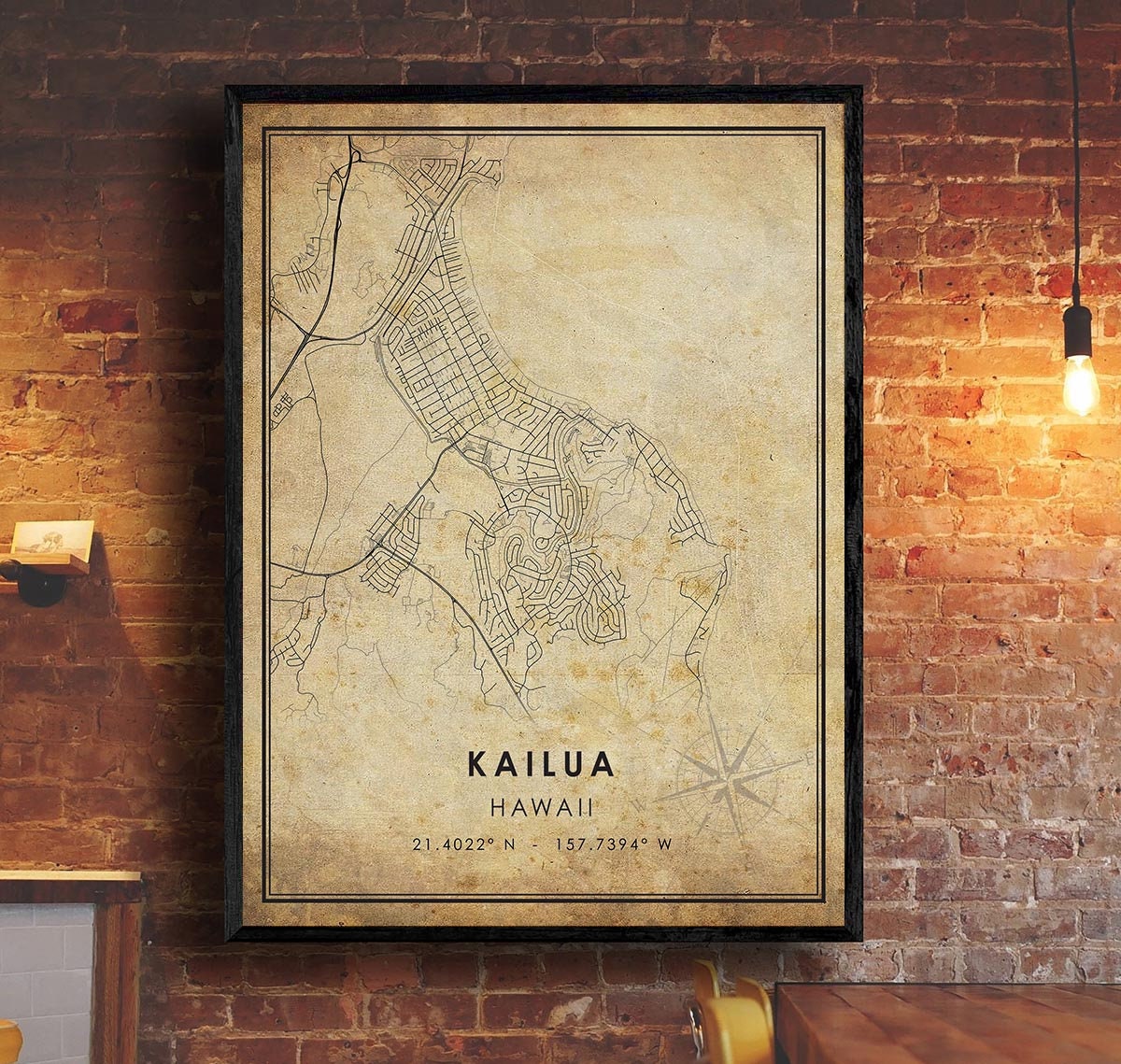 Hawaii Map アート作品 ヴィンテージ風フレーム Kailua Vintage Map Print | Kailua Map | Hawaii Map Art | Kailua