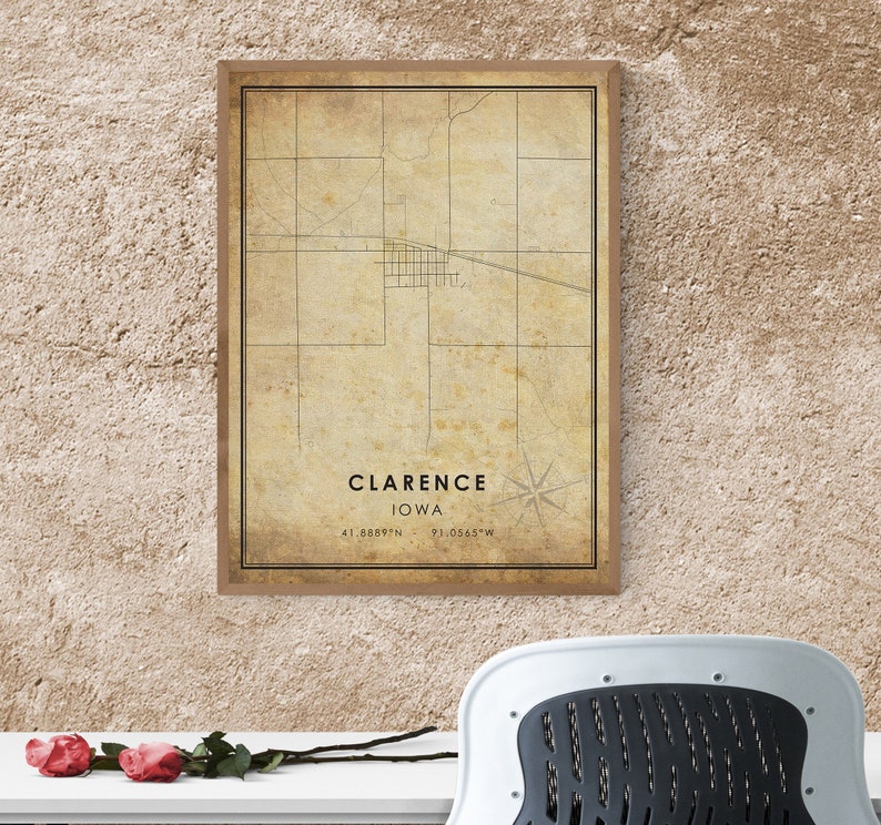 Clarence Vintage Map Print Clarence City Road Map Poster Canvas Clarence Iowa Map