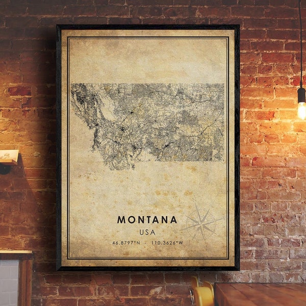 Montana Vintage Map Print | Montana Map | USA State Map Art | Montana City Road Map Poster | Vintage Gift Map