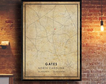 Gates Vintage Map Print | Gates Map | North Carolina Map Art | Gates City Road Map Poster | Vintage Gift Map