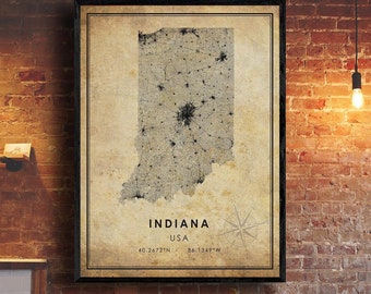 Indiana Vintage Map Print | Indiana Map Art | Indiana City Road Map Poster | Vintage Gift Map