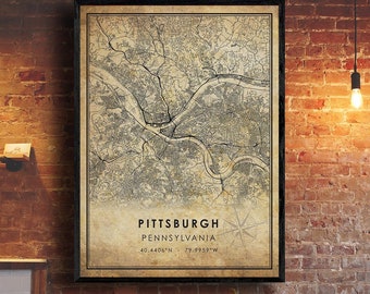 Pittsburgh Vintage Map Print | Pittsburgh Map | Pennsylvania Map Art | Pittsburgh City Road Map Poster | Vintage