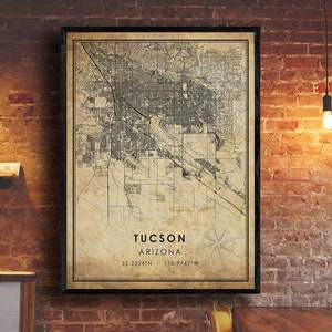 Impression de carte vintage de Tucson | Carte de Tucson, Arizona | Toile d’affiche de carte routière de la ville de Tucson