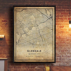 Glendale Vintage Map Print | Glendale Map | Queens NY Map Art | Glendale City Road Map Poster | Vintage Gift Map