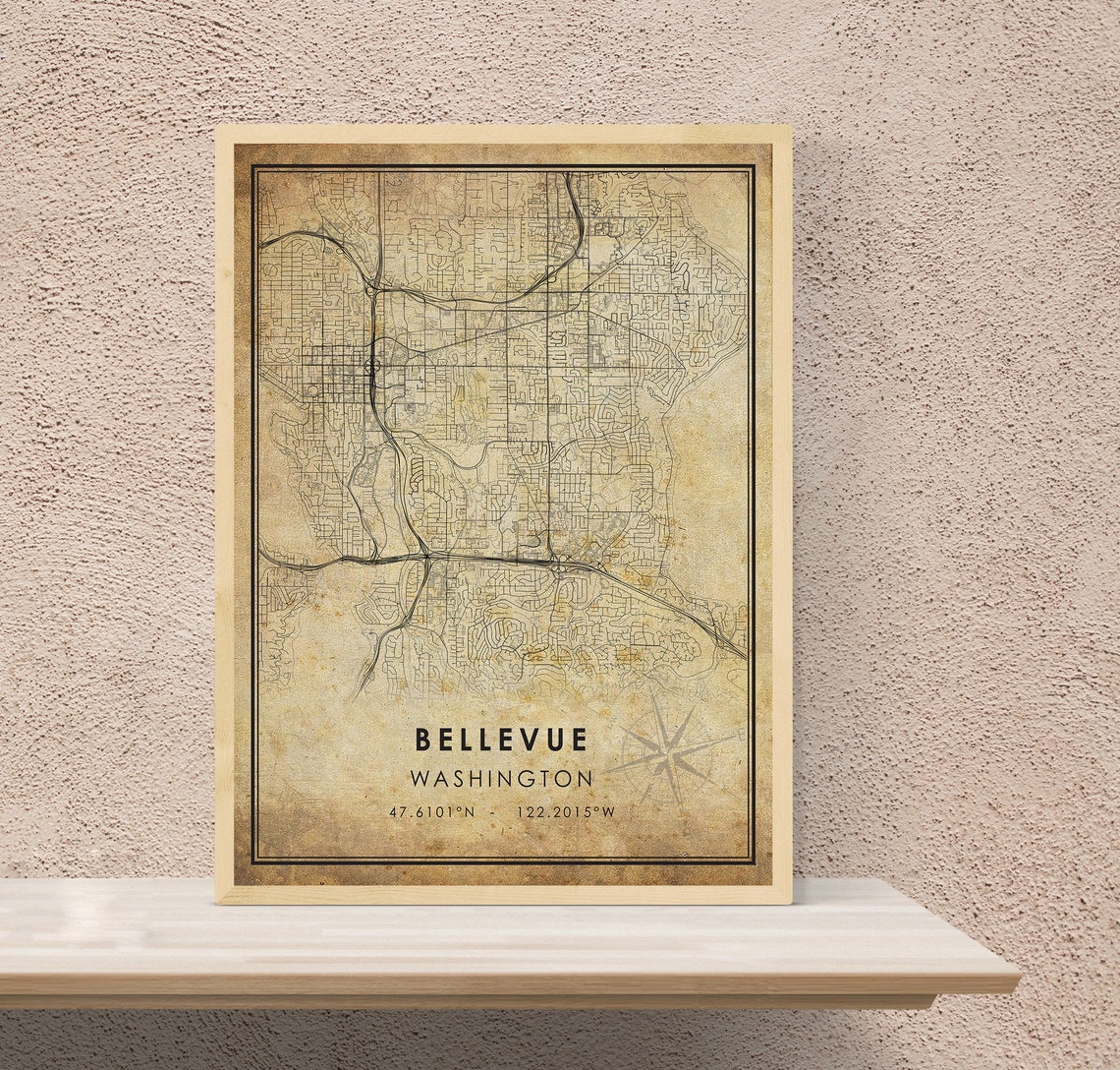 Bellevue Vintage Map Print Bellevue Map Washington Map Art | Etsy
