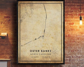 Outer Banks Map Print | Outer Banks Map | North Carolina Map Art | Outer Banks City Road Map Poster | Vintage Gift Map