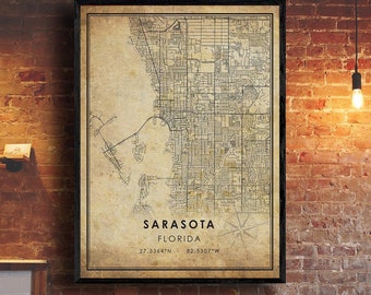 Sarasota Vintage Map Print | Sarasota Florida Map Art | Sarasota City Road Map Poster | Vintage Gift Map