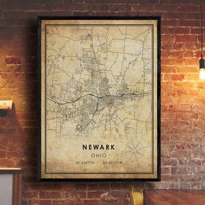 Impresión de mapas de Newark / Mapa de Newark / Arte del mapa de Ohio / Cartel del mapa de carreteras de la ciudad de Newark / Mapa de regalo vintage