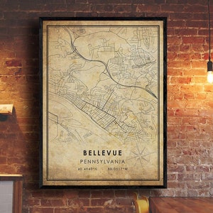 Bellevue Vintage Map Print | Pennsylvania Map | Bellevue Pennsylvania City Road Map Poster Canvas