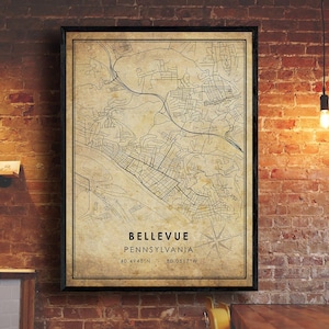 Bellevue Vintage Map Print | Pennsylvania Map | Bellevue Pennsylvania City Road Map Poster Canvas