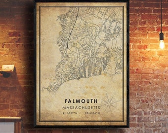 Falmouth Vintage Map Print | Falmouth Map | Massachusetts Map Art | Falmouth City Road Map Poster | Vintage Gift Map