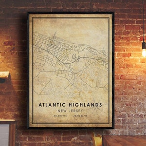 Atlantic Highlands Vintage Map Print | Atlantic Highlands Map | Atlantic Highlands New Jersey City Road Map Poster Canvas