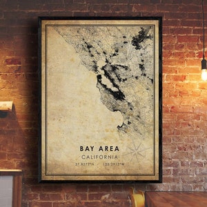 Impression de carte vintage de la région de la Baie | Carte de la région de la baie | Bay Area California City Road Map Affiche Toile