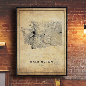 Impression de carte vintage de Washington | Carte de Washington | Art de la carte d’État | Affiche de la carte routière de la ville de Washington | carte cadeau vintage