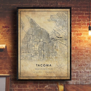 Impression de carte Tacoma | Carte de Tacoma | Art de la carte de Washington | Affiche de la carte routière de la ville de Washington | carte cadeau vintage