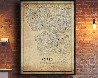 Porto Vintage Map Print | Porto Map | Portugal Map Art | Porto City Road Map Poster | Vintage Gift Map