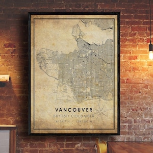 Impression de carte vintage de Vancouver | Carte de Vancouver Canada | Toile d’affiche de carte routière de la ville de Vancouver