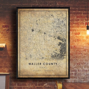 Impression de carte vintage du comté de Waller | Carte du comté de Waller | Art de la carte du Texas | Affiche de carte routière de la ville du comté de Waller | ancien