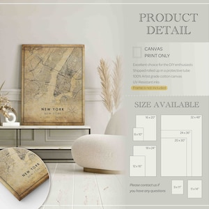 May include: A vintage-style map of New York City printed on canvas. The map shows the streets and landmarks of the city. The canvas is available in various sizes, including 8x10 inches, 12x16 inches, 16x20 inches, 18x24 inches, 20x30 inches, 24x36 inches, 32x48 inches, 9x11 inches, and 11x14 inches.
