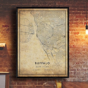 Impression de carte vintage de Buffalo | Carte des buffles | Art de la carte de New York | Affiche de la carte routière de la ville de Buffalo | carte cadeau vintage