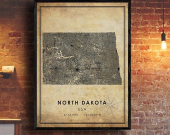 North Dakota Vintage Map Print | North Dakota Map | USA Map Art | North Dakota City Road Map Poster | Vintage