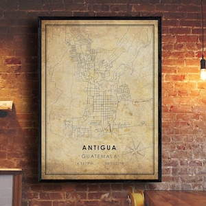 Impresión de mapas de Antigua / Mapa de Antigua / Arte del mapa de Guatemala / Cartel del mapa de carreteras de la ciudad de Antigua / Mapa de regalo vintage