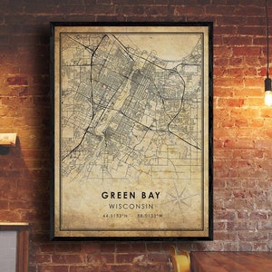 Impression de la carte de Green Bay | Carte de la baie verte | Wisconsin Carte Art | Affiche de la carte routière de la ville de Green Bay | carte cadeau vintage