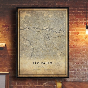 Impresión de mapas de Sao Paulo / Mapa de Sao Paulo / Arte del mapa de Brasil / Cartel de la hoja de ruta de la ciudad de Sao Paulo / Mapa de regalo vintage