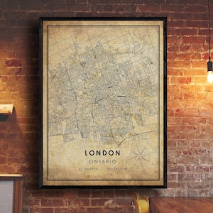 Londres vintage Carte Imprimer | Londres Ontario Carte Art | Affiche de la carte routière de la ville de Londres | carte cadeau vintage