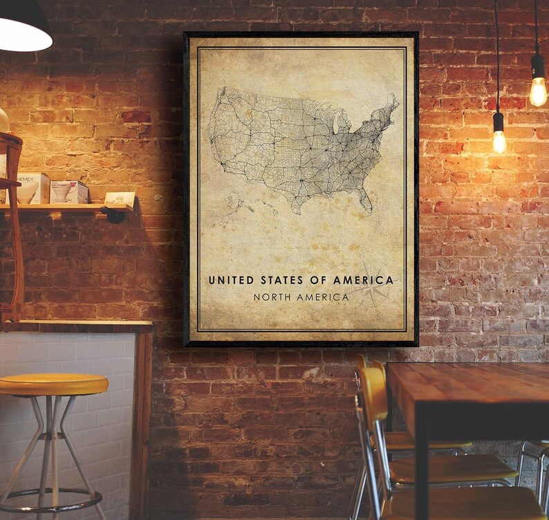 USA Vintage Map Print | USA Map | USA Map Art | United States City Road ...