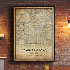 Impression de carte vintage de Downers Grove | Carte de Downers Grove | Art de la carte de l’Illinois | Affiche de la carte routière de la ville de Downers Grove | carte cadeau vintage