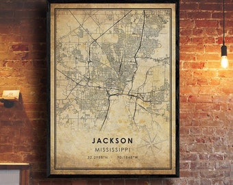 Jackson Vintage Map Print | Jackson Map | Mississippi Map Art | Jackson City Road Map Poster | Vintage Gift Map