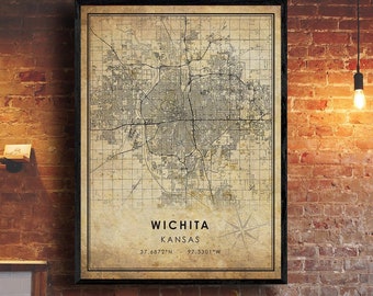 Wichita Vintage Map Print | Wichita Map | Kansas Map Art | Wichita City Road Map Poster | Vintage