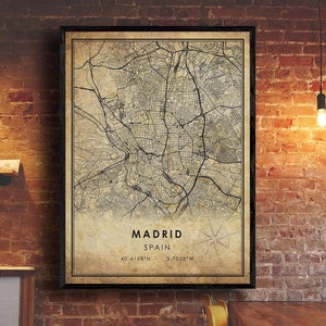Impression de carte vintage de Madrid | Carte de Madrid | Espagne Carte Art | Affiche de la carte routière de la ville de Madrid | carte cadeau vintage