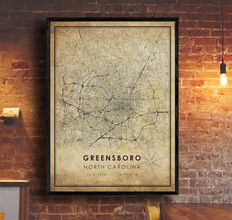 Greensboro North Carolina Map Greensboro City Road Map Poster Canvas Greensboro Vintage Map Print