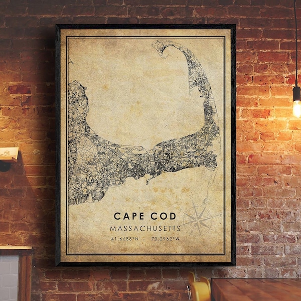Cape Cod Vintage Map Print | Cape Cod Map | Cape Cod Massachusetts City Road Map Poster Canvas