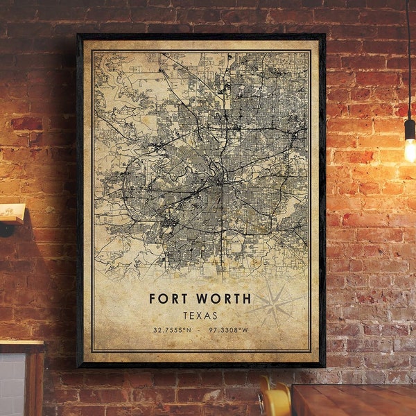 Fort Worth Vintage Map Print | Fort Worth Map | Texas Map Art | Fort Worth City Road Map Poster | Vintage Gift Map