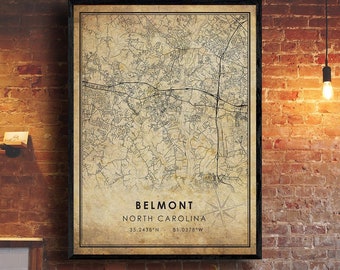 May include: A vintage-style map print of Belmont, North Carolina, with a beige background and black lines depicting streets and roads. The text "BELMONT NORTH CAROLINA 35.2438°N - 81.0378°W" is printed at the bottom of the map.