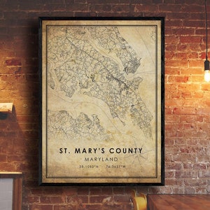 Impression de carte du comté de St. Mary's | Carte du Maryland | Art de la carte du Maryland | Affiche de carte routière de la ville du Maryland du comté de St. Mary | carte cadeau vintage