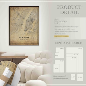 May include: A vintage-style map print of New York City with the coordinates "40.7128&deg;N 74.0060&deg;W" printed below. The map is framed in black and has a brown background. The print is available in various sizes, including 8x10 inches, 12x16 inches, 16x20 inches, 18x24 inches, 20x30 inches, 24x36 inches, 32x48 inches, 9x11 inches, and 11x14 inches.